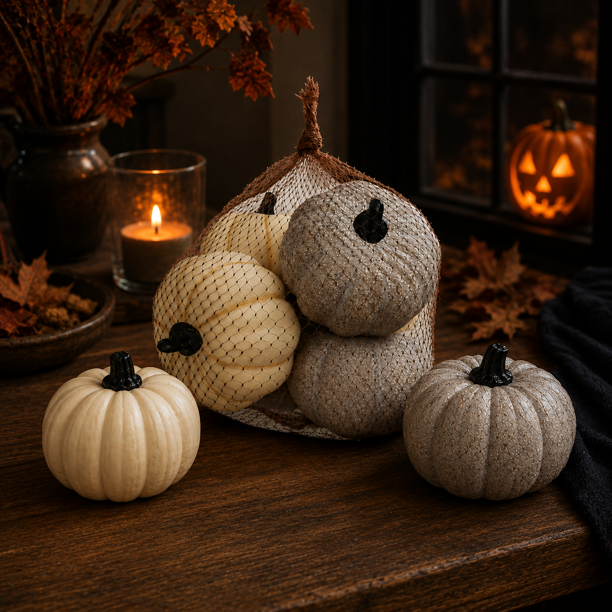 10cm Cream & Grey Pumpkins - Pack of 6