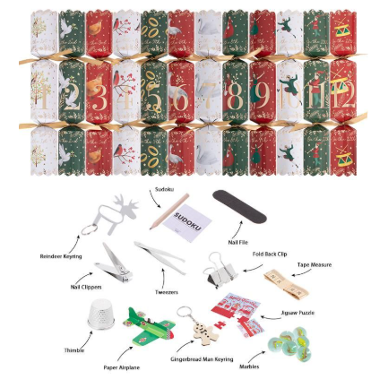 A Christmas advent-style gift set displayed on a white background, with 24 wrapped paper cracker packages arranged in a grid above 12 individual gift items labeled with names. The top row includes red, green, white, and gold holiday-themed packs with numbers 1 through 24.