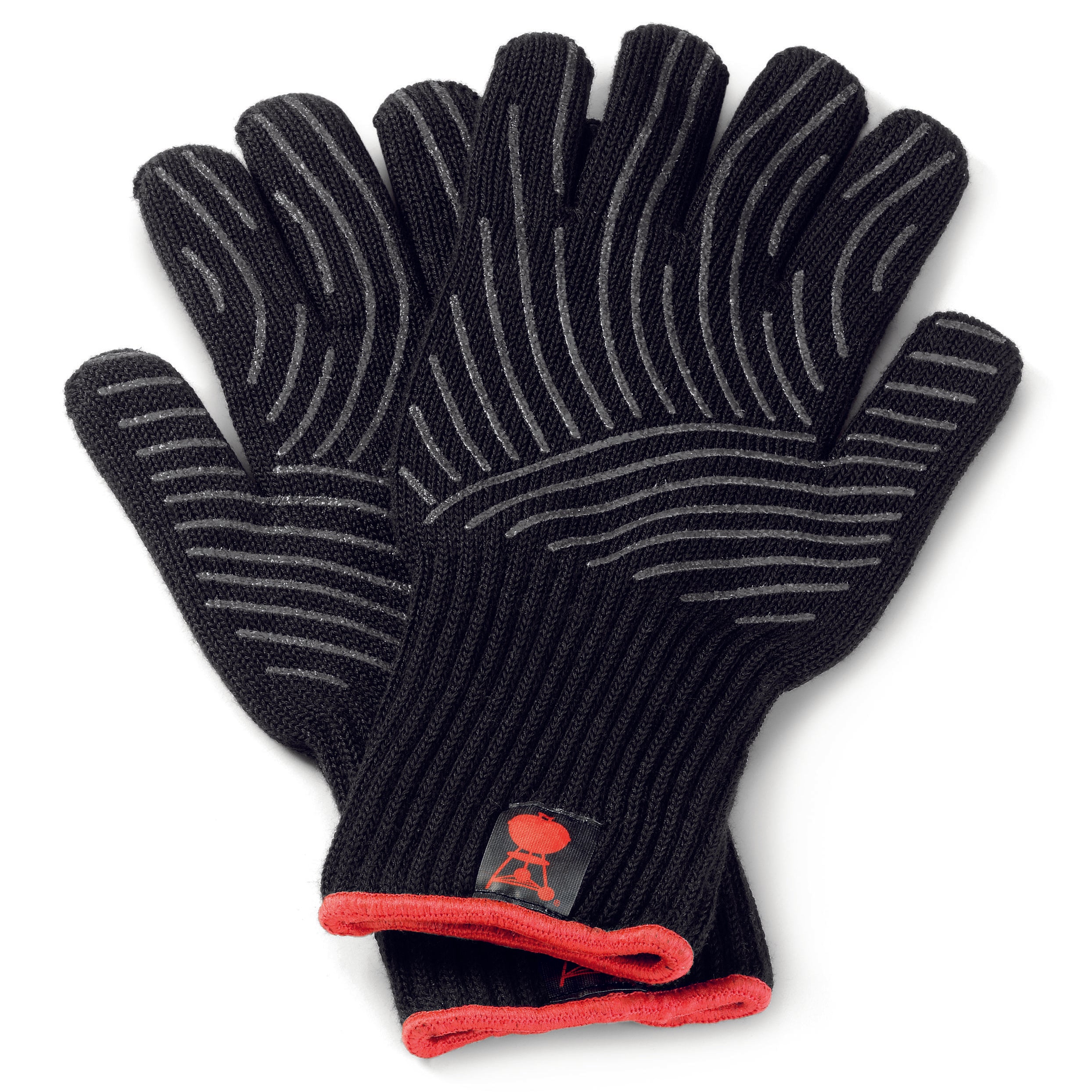 black fabric gloves with grip and red weber logo