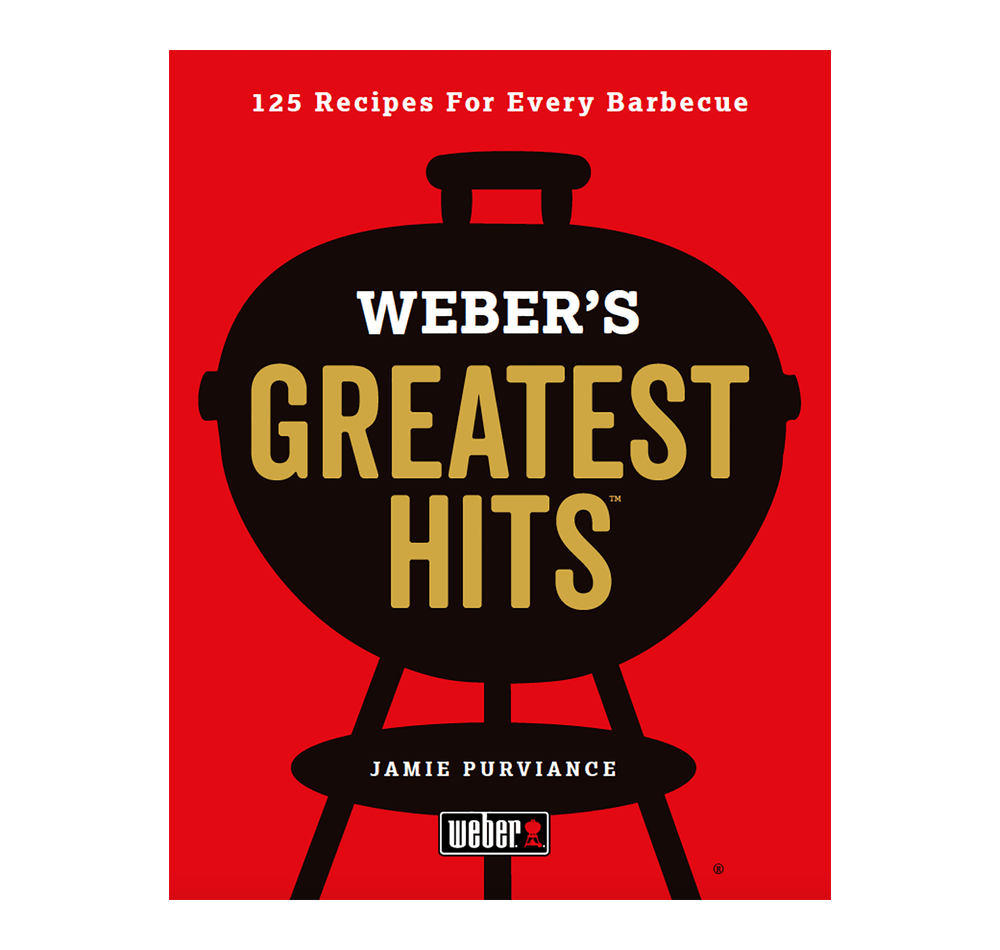 Book cover of 'Weber's Greatest Hits' with a red background and black grill illustration.