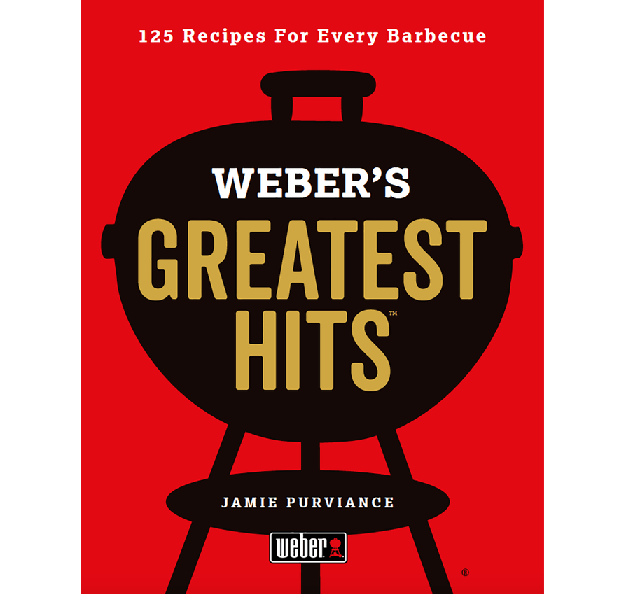 Book cover of 'Weber's Greatest Hits' with a red background and black grill illustration.