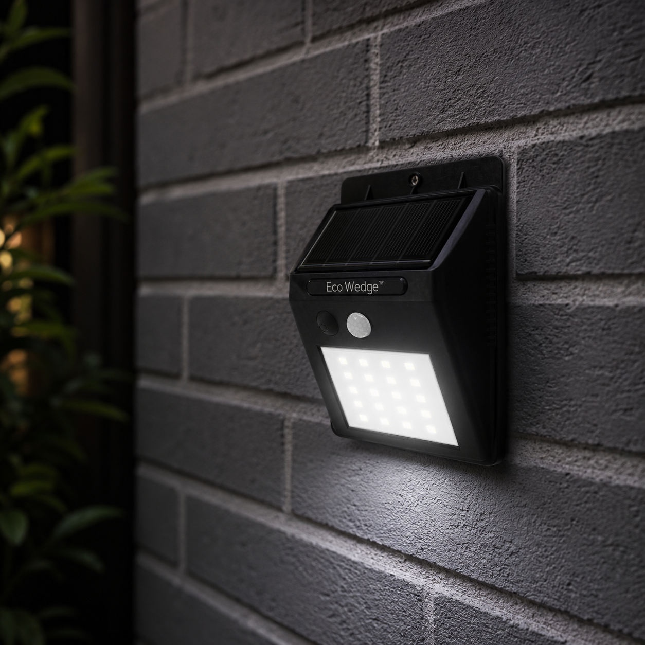 Solar-powered outdoor light fixture on a brick wall