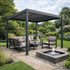 Outdoor patio with pergola, furniture, and water feature in a garden setting