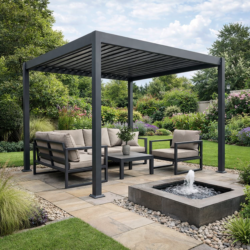 Outdoor patio with pergola, furniture, and water feature in a garden setting