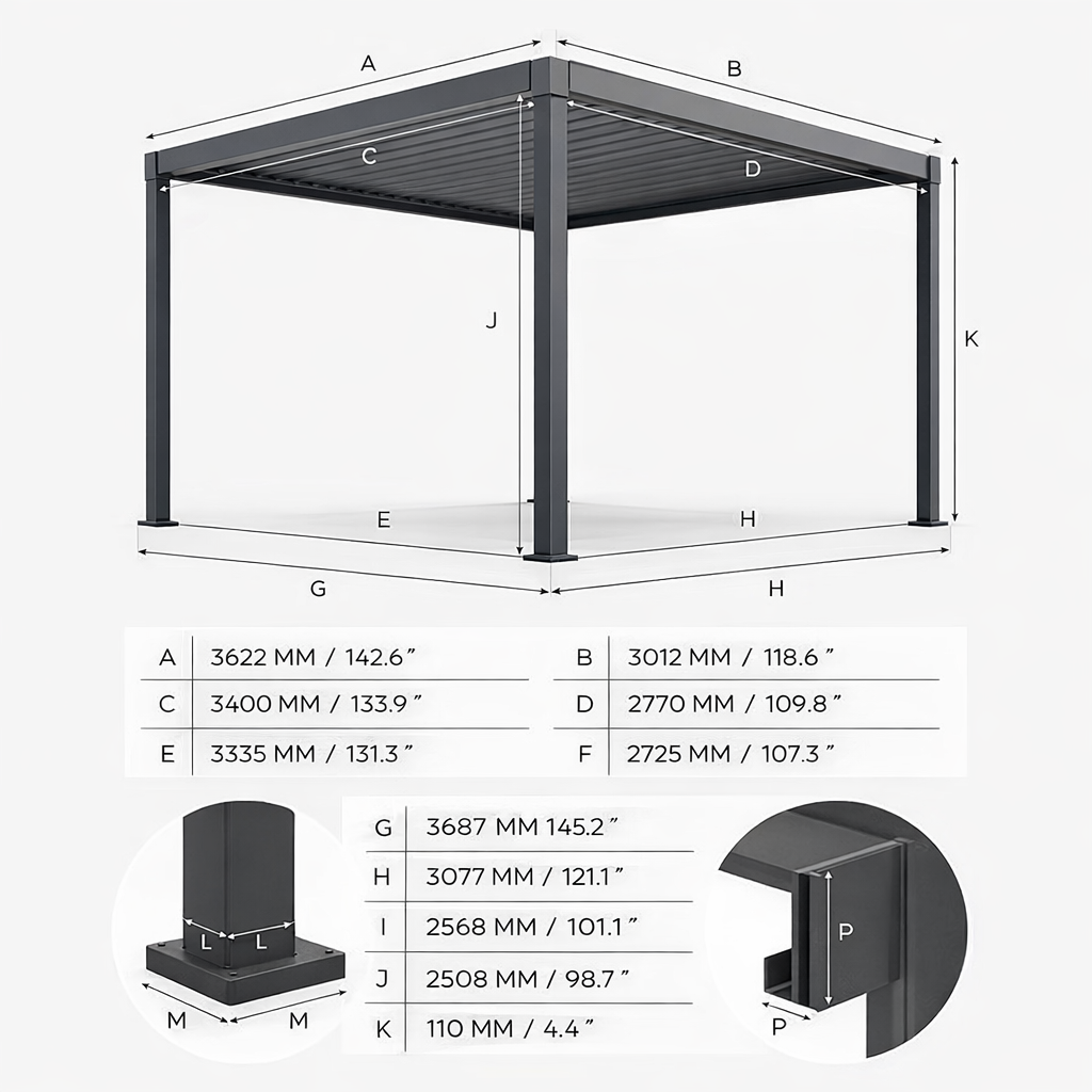 Measurement chart of a metal pergola with dimensions labelled on a white background