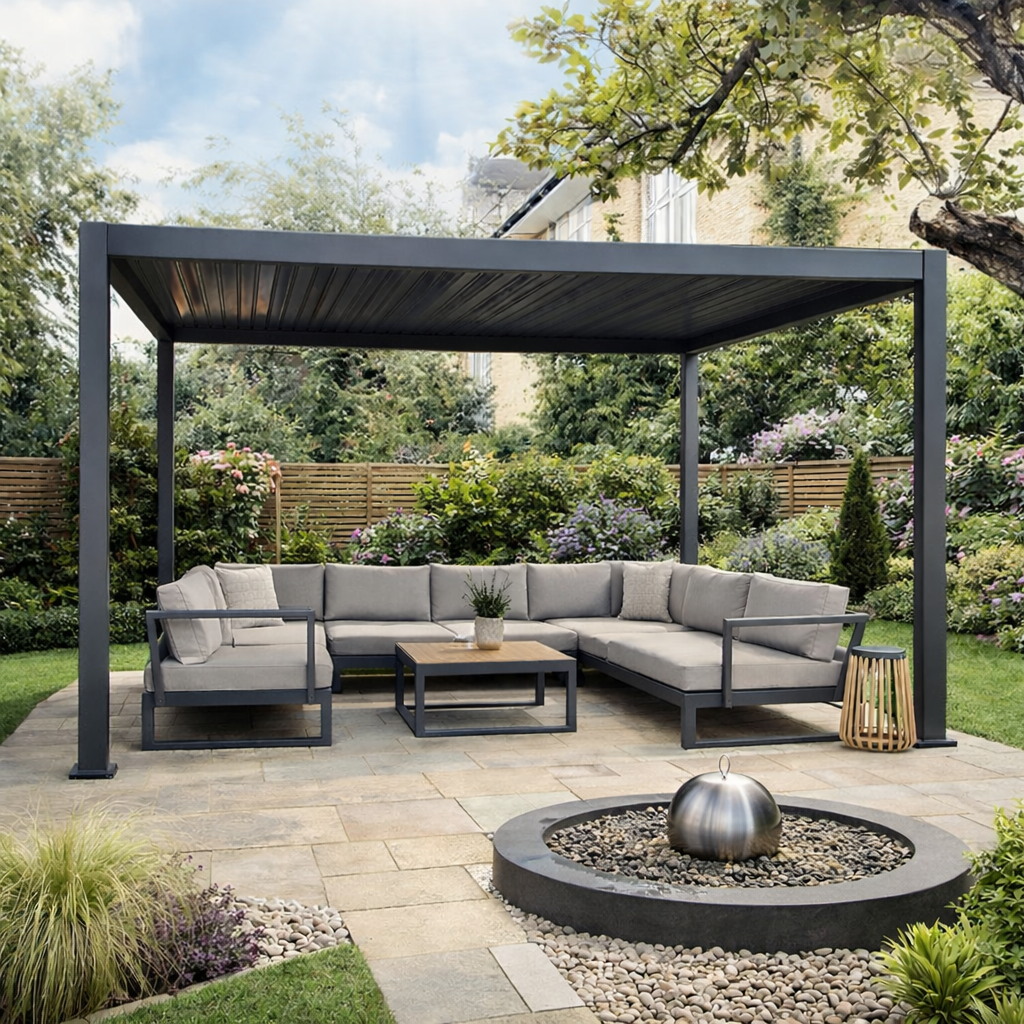 Outdoor patio with sectional sofa, table under a pergola.