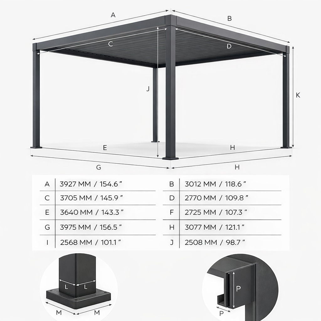 Measurement chart of a square metal frame structure with dimensions labeled.