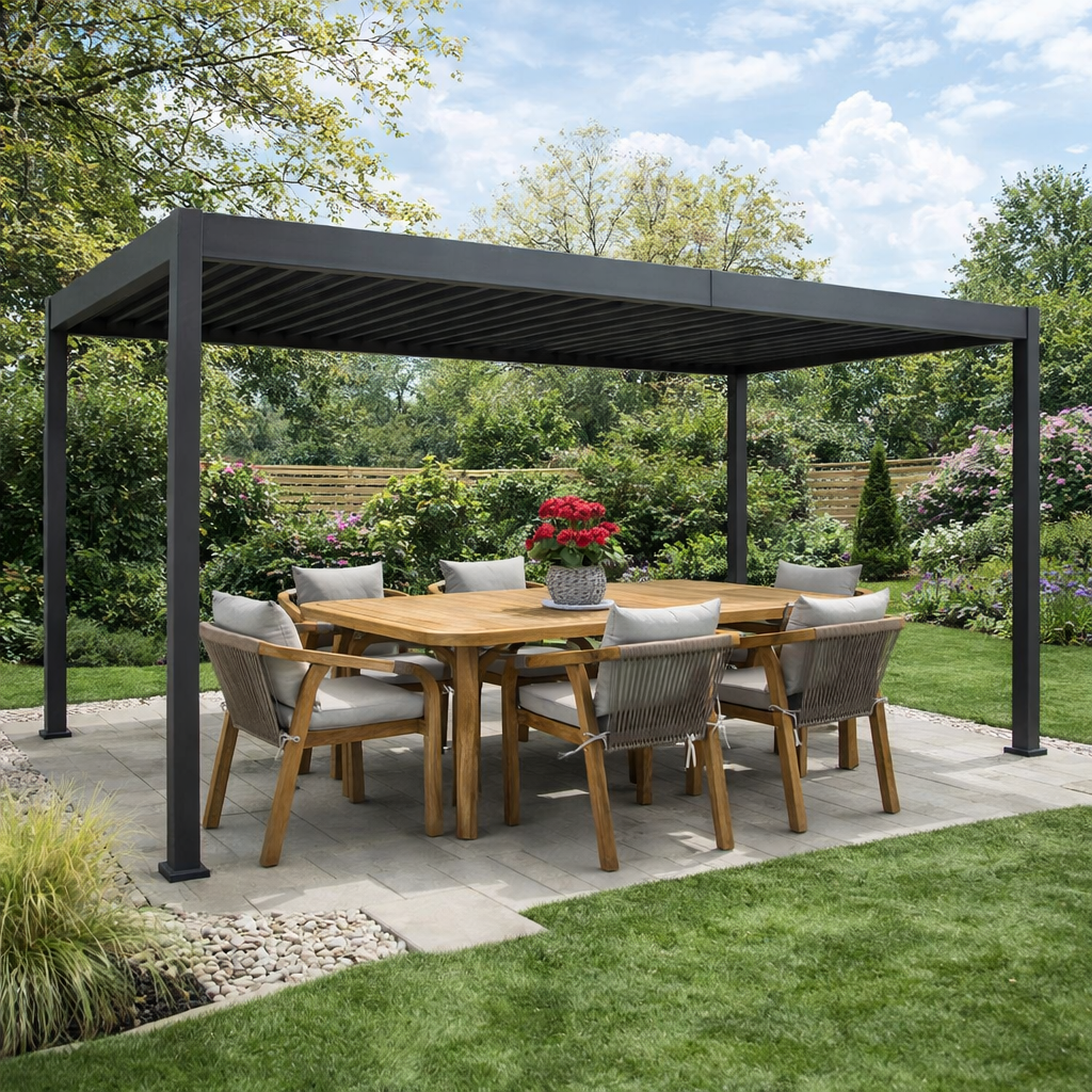 Outdoor patio with wooden table and chairs under a black pergola, surrounded by greenery.