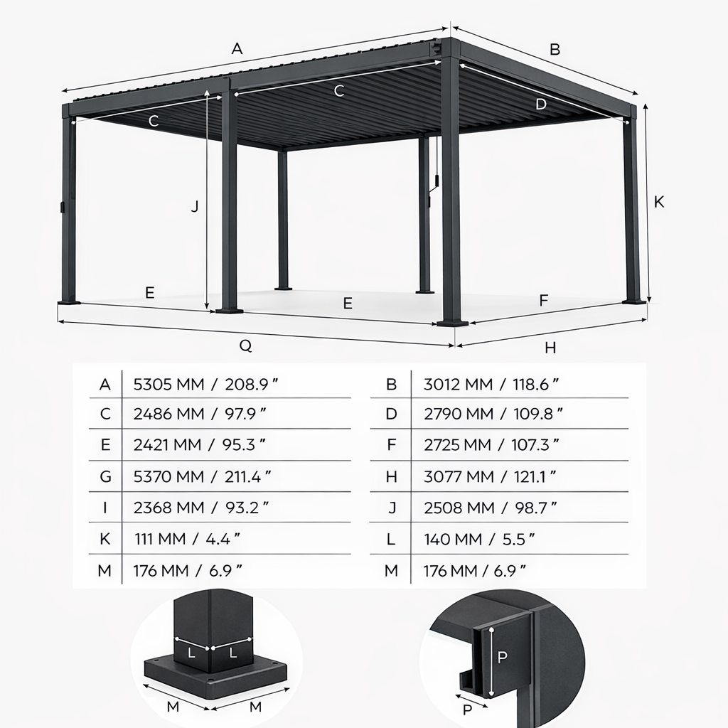 Measurement chart of a black metal gazebo with dimensions labeled.