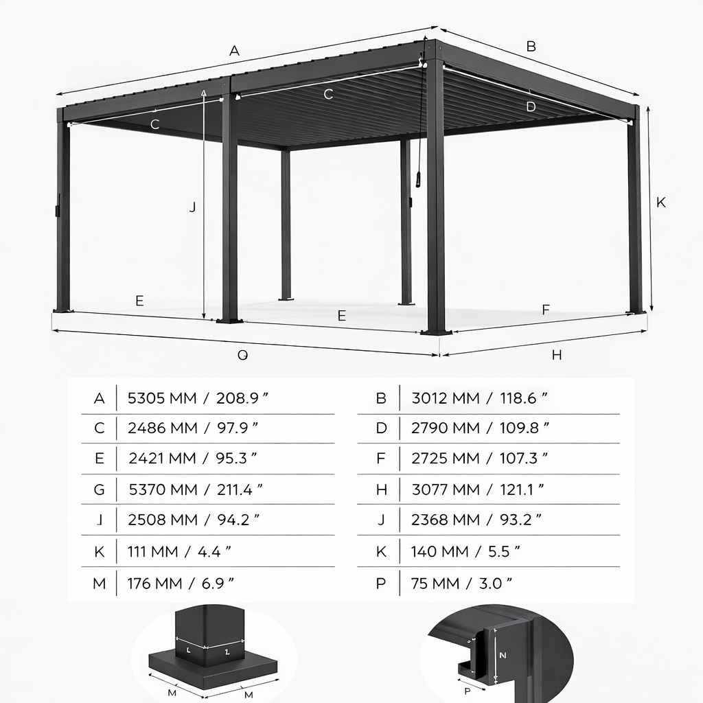 Measurement chart of a black metal pergola with dimensions labelled.