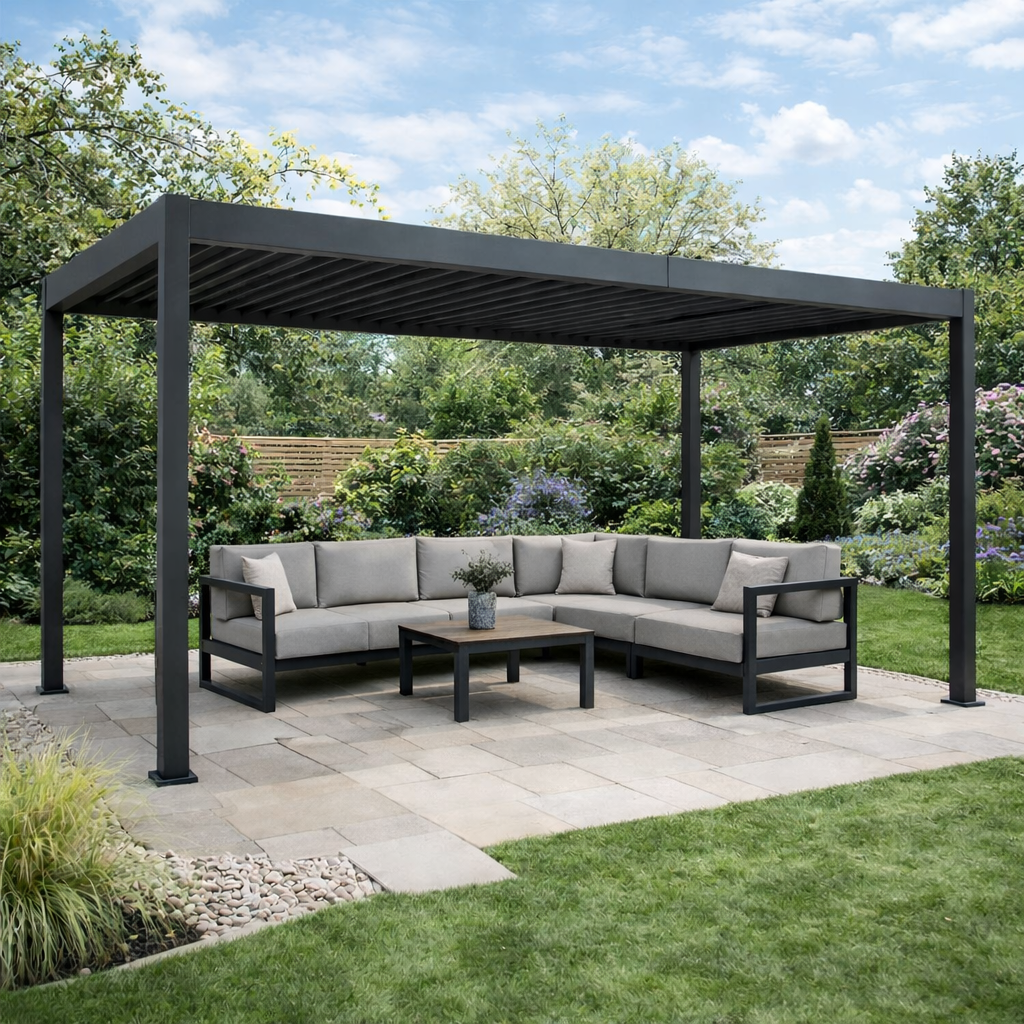 Outdoor patio with pergola, sectional sofa, and coffee table in a garden setting.