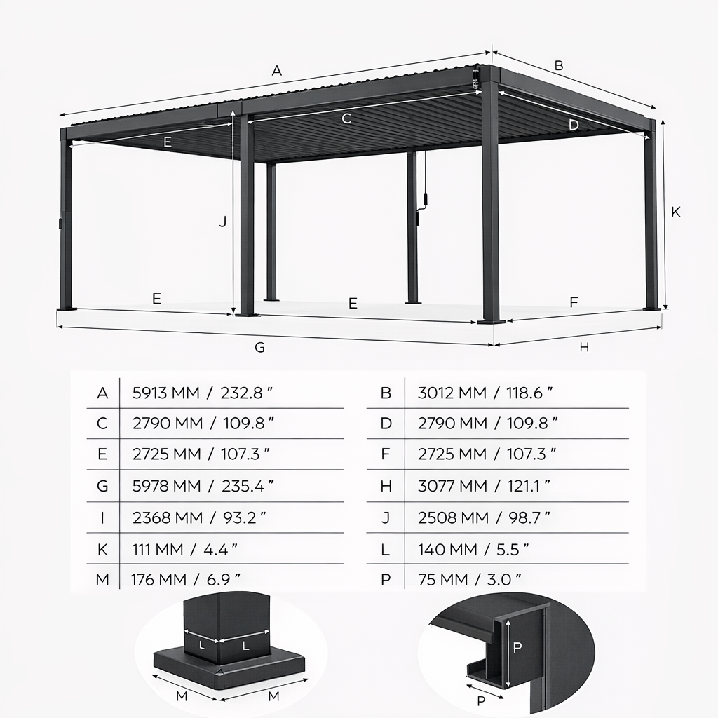 Measurement chart of a metal pergola structure with dimensions labelled.