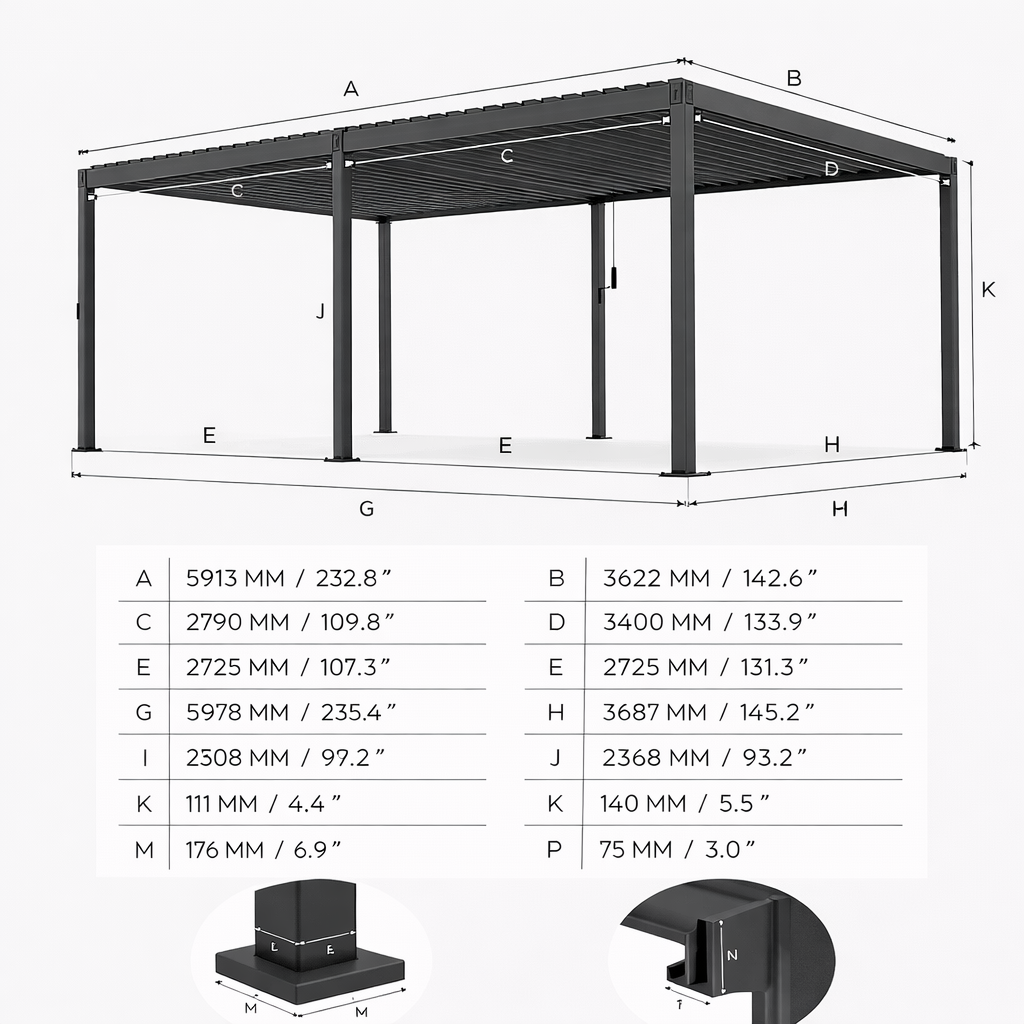 Measurement chart of a metal pergola with dimensions labelled on a white background