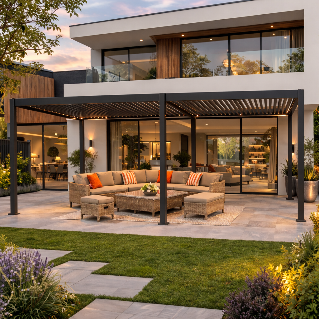 Modern outdoor patio with a sectional sofa, ottomans, and a pergola in front of a stylish house.