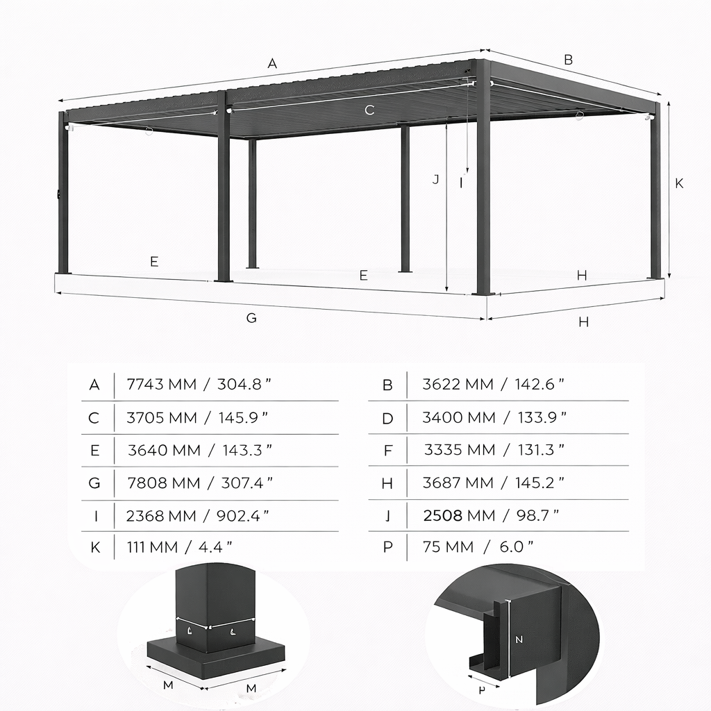 Measurement chart of a metal pergola structure with labelled dimensions.
