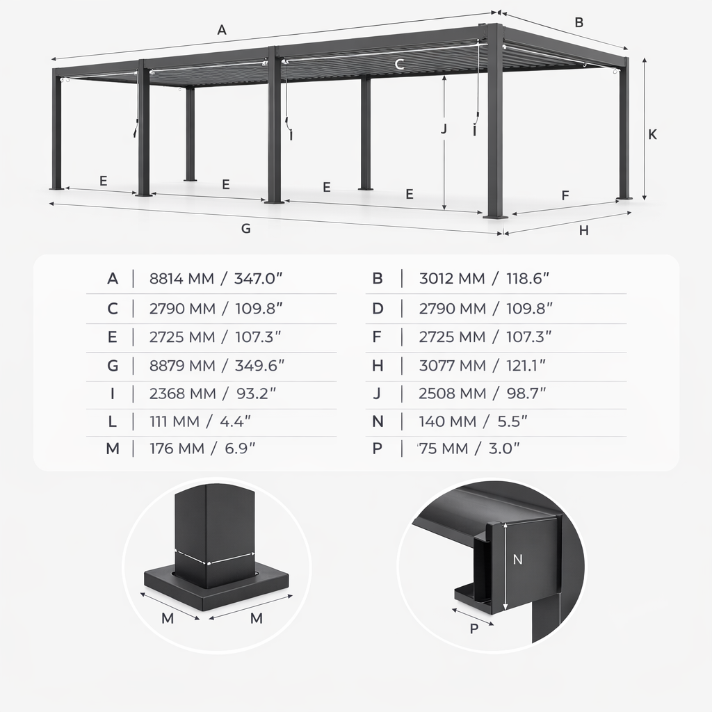 Measurement chart of a metal frame structure with dimensions labeled.
