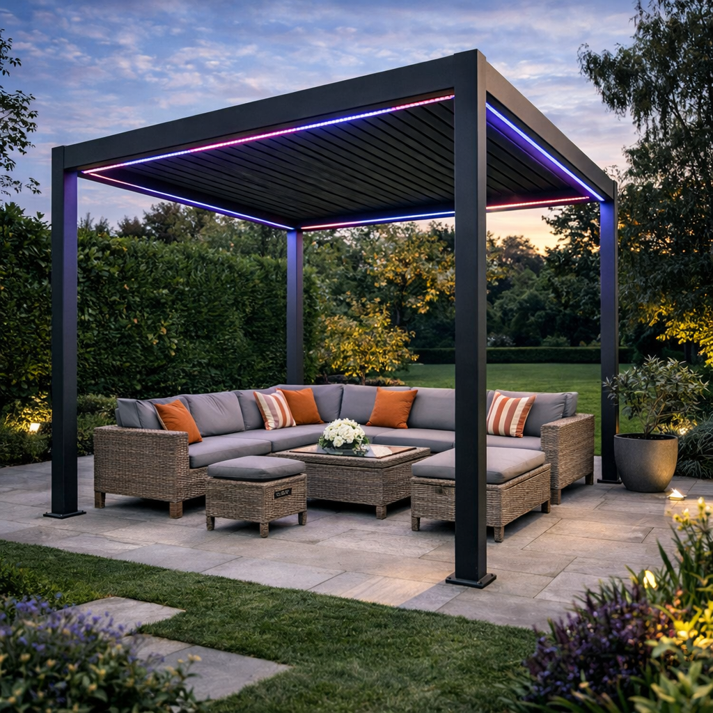 Outdoor patio with pergola, sectional sofa, and garden decor