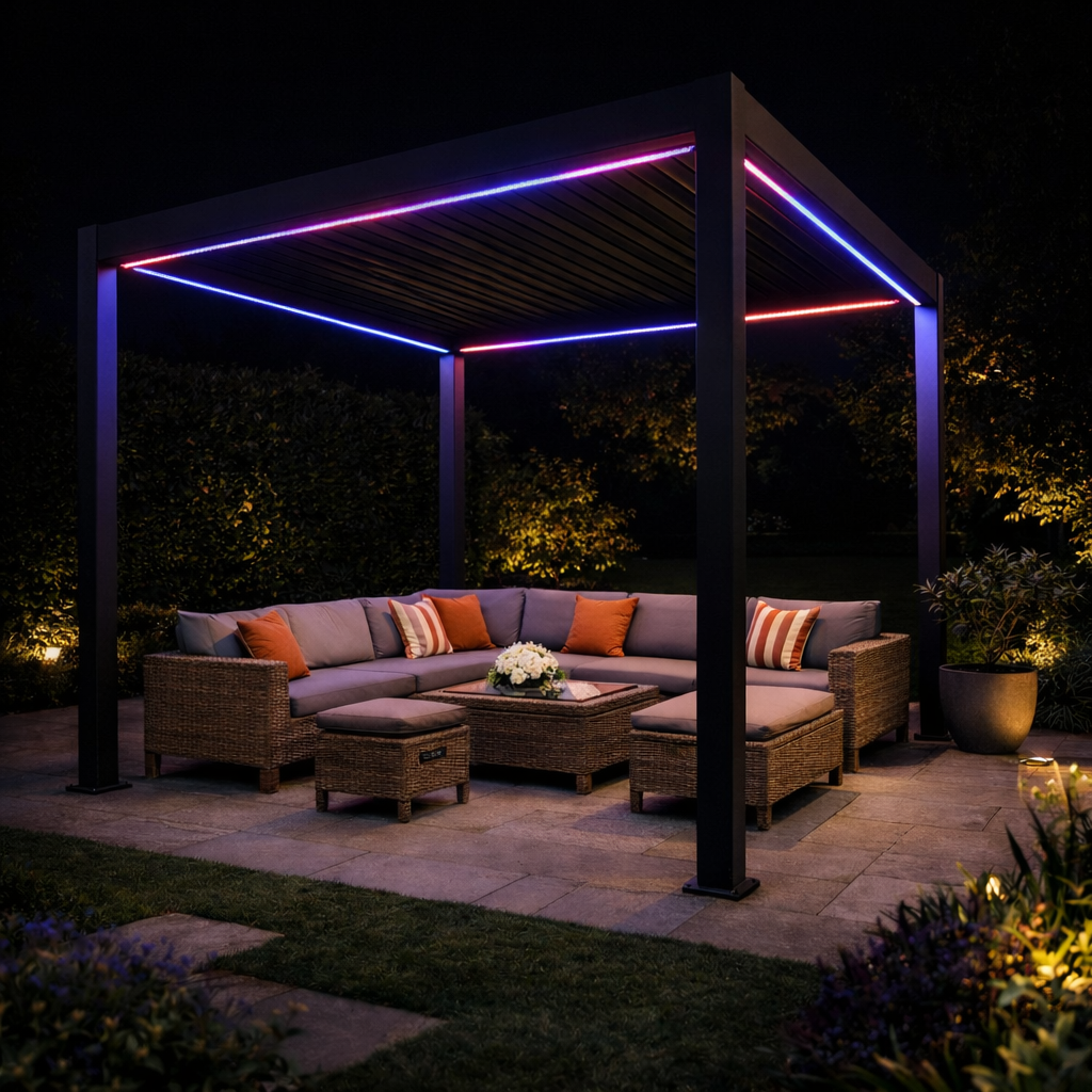 Outdoor patio with a pergola lit by colorful LED lights, featuring a sectional sofa and table.