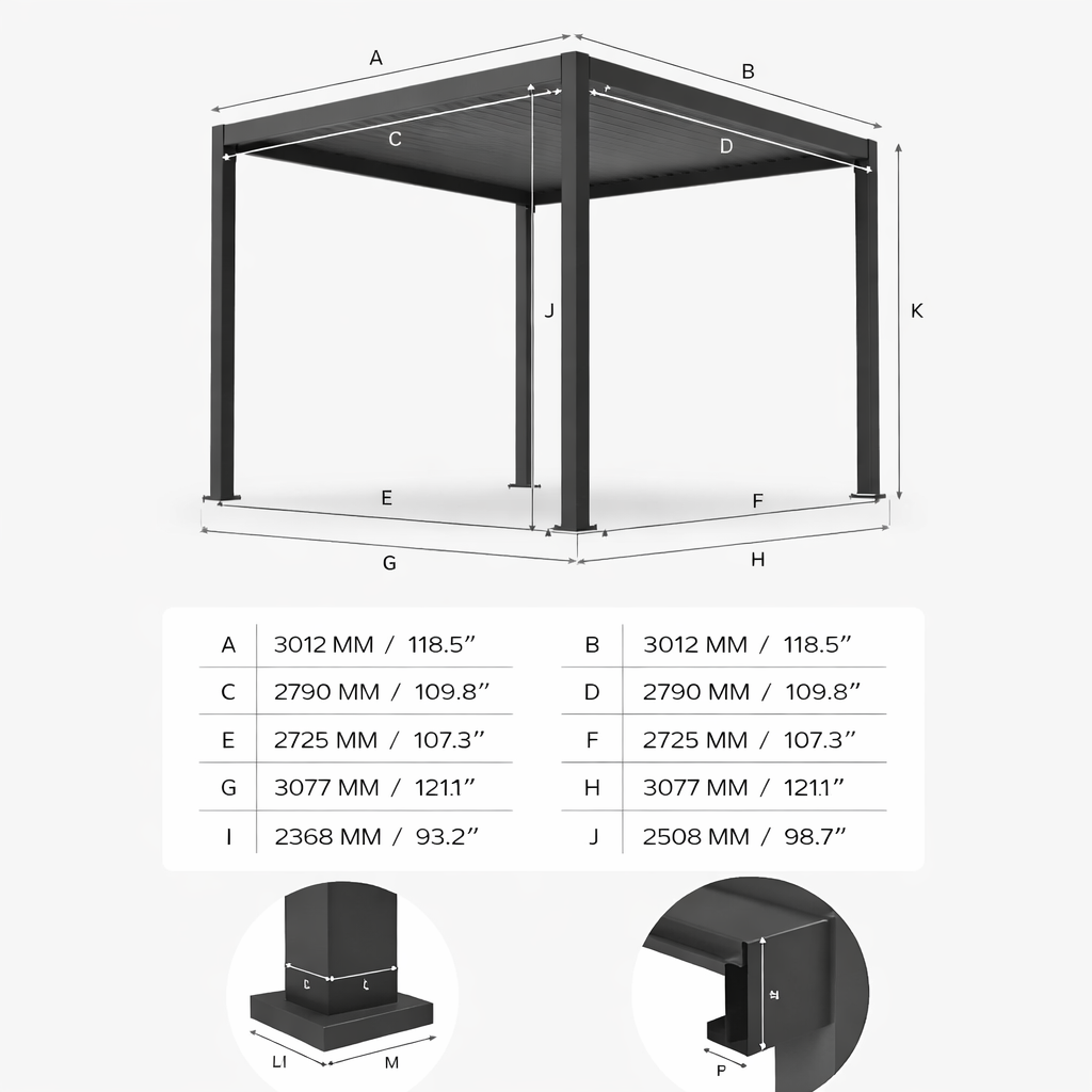 Measurement chart of a black metal frame structure with dimensions labeled.
