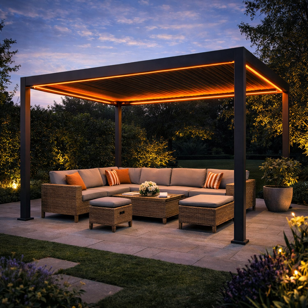 Outdoor patio with pergola, furniture, and decorative elements at dusk.