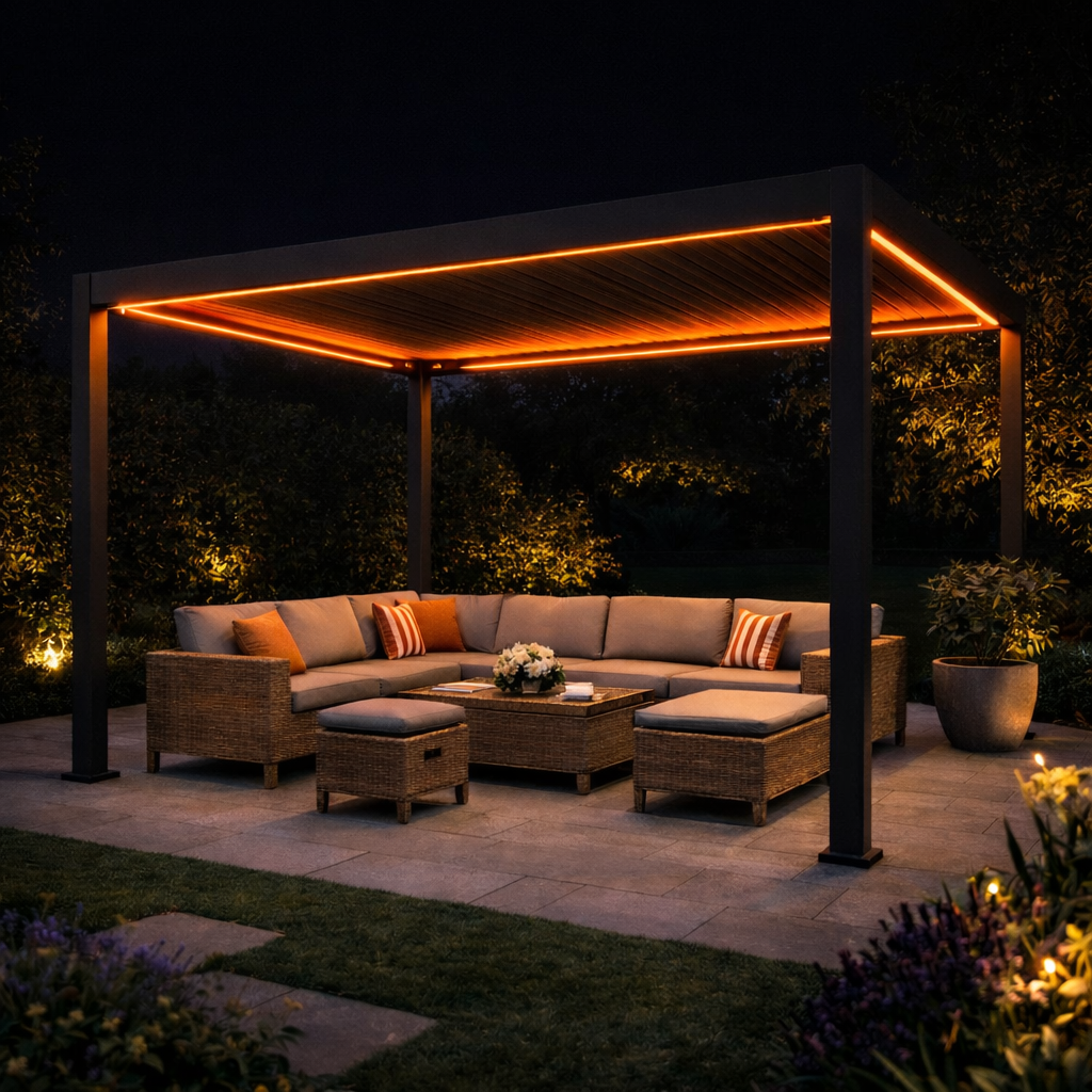 Outdoor patio with pergola, furniture, and lighting at night