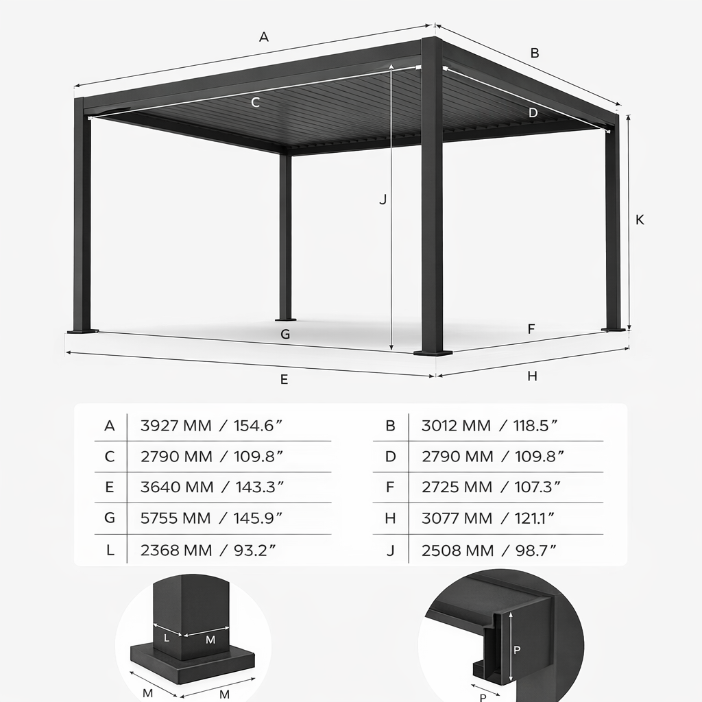 Measurement chart of a black metal gazebo with dimensions labeled.