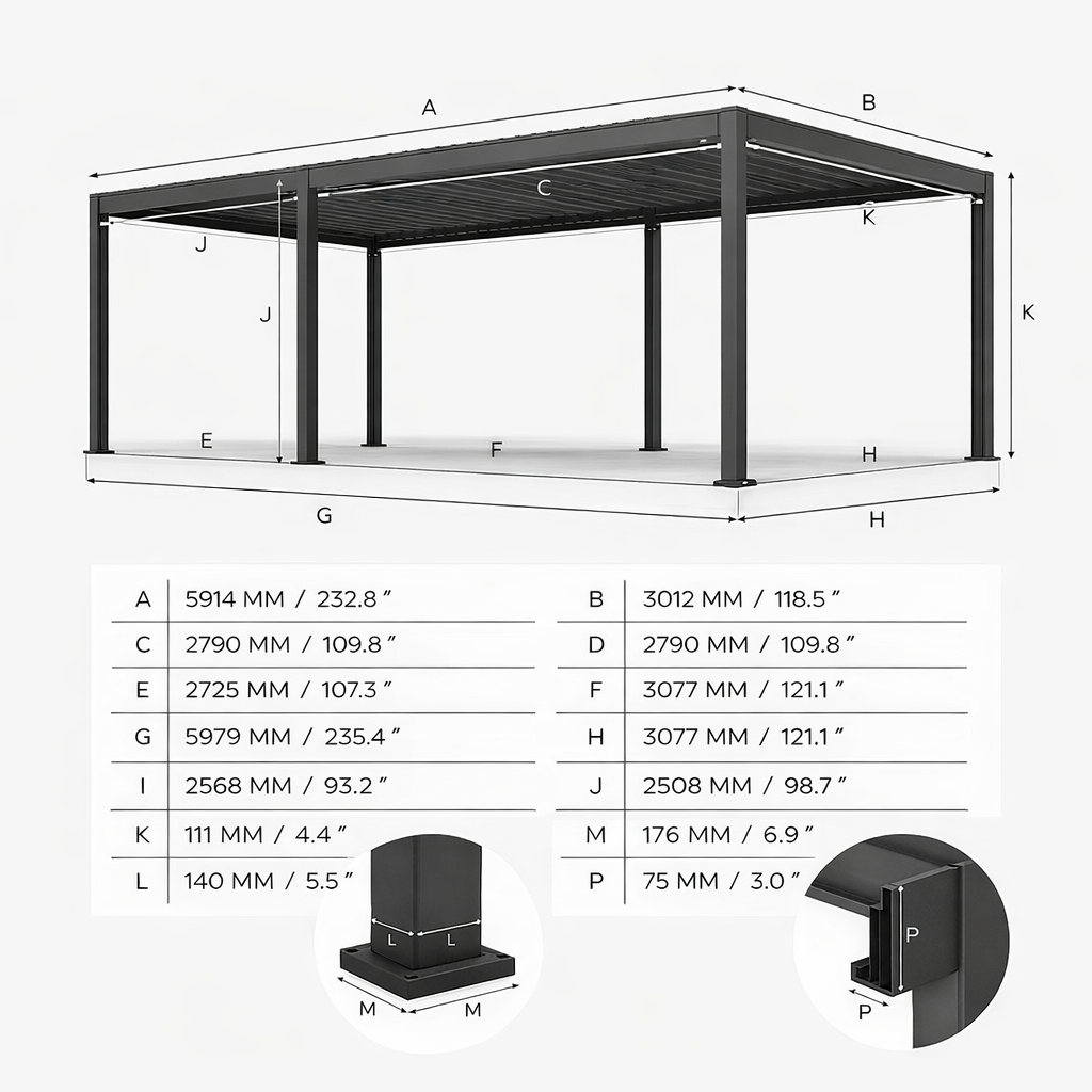 ENJOi Leo Aluminium LED Rectangular Pergola Anthracite Grey - 6m x 3m