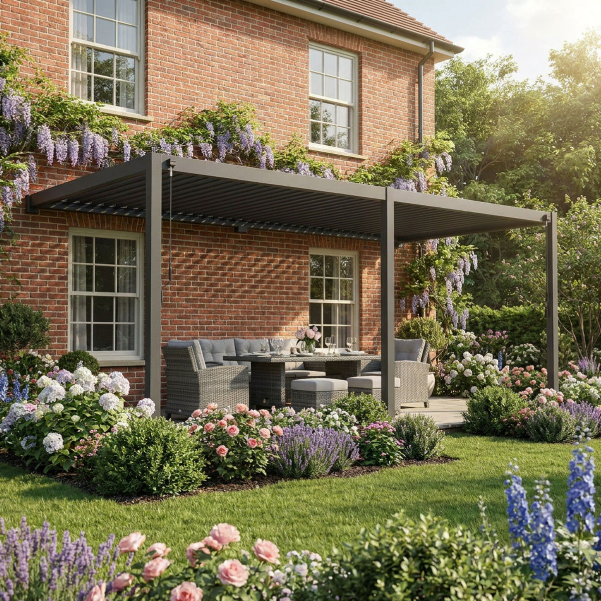 ENJOi Leo Aluminium Wall Mounted Rectangular Pergola Anthracite Grey - 6m x 3m