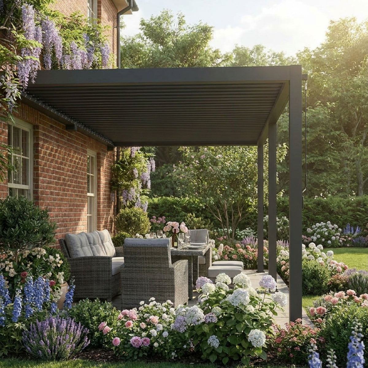 ENJOi Leo Aluminium Wall Mounted Rectangular Pergola Anthracite Grey - 6m x 3m