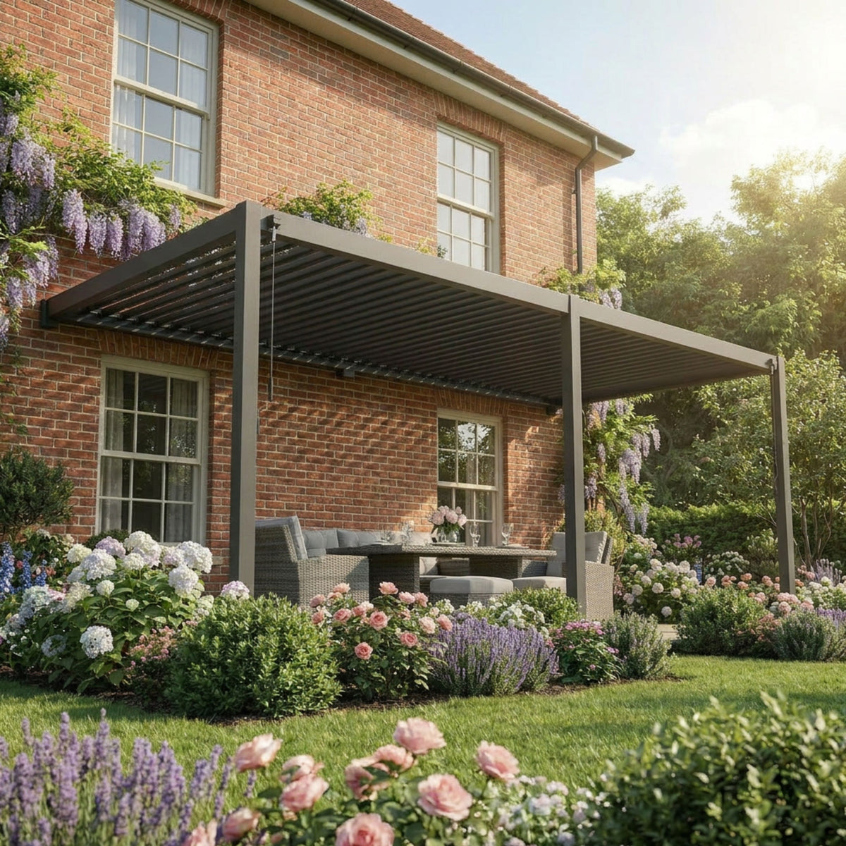 ENJOi Leo Aluminium Wall Mounted Rectangular Pergola Anthracite Grey - 6m x 3m