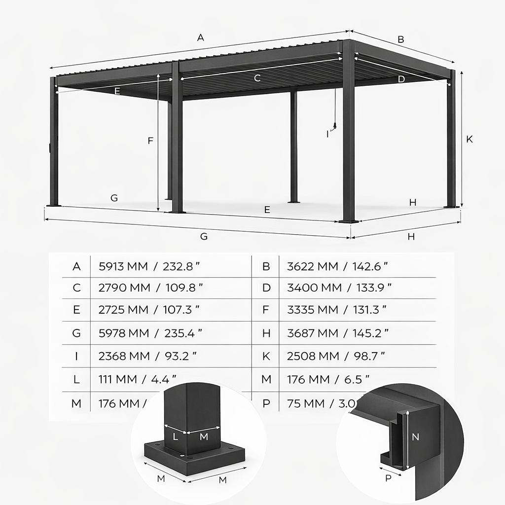 ENJOi Leo Aluminium Pergola 7.2m x 3.6m Rectangular Pebble