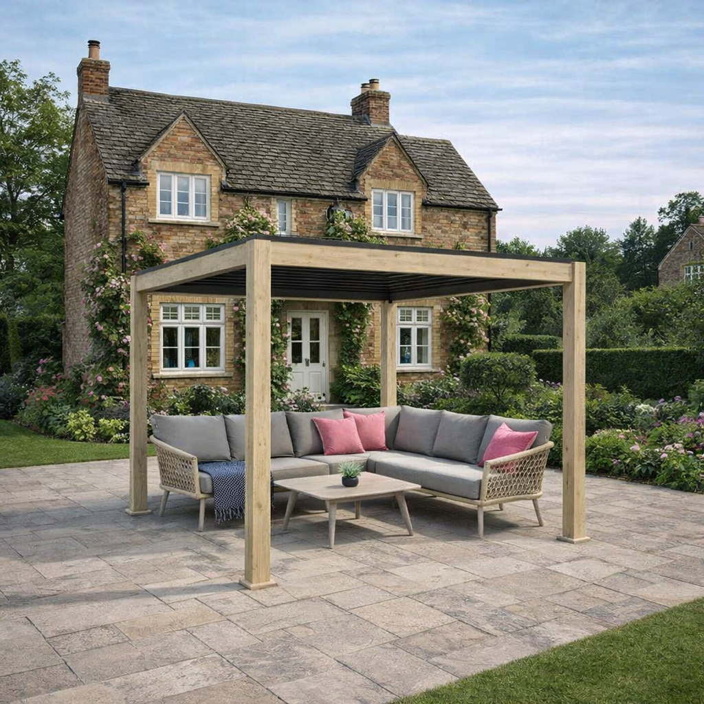 ENJOi Leo Aluminium Pergola 3m x 3m Square Wood