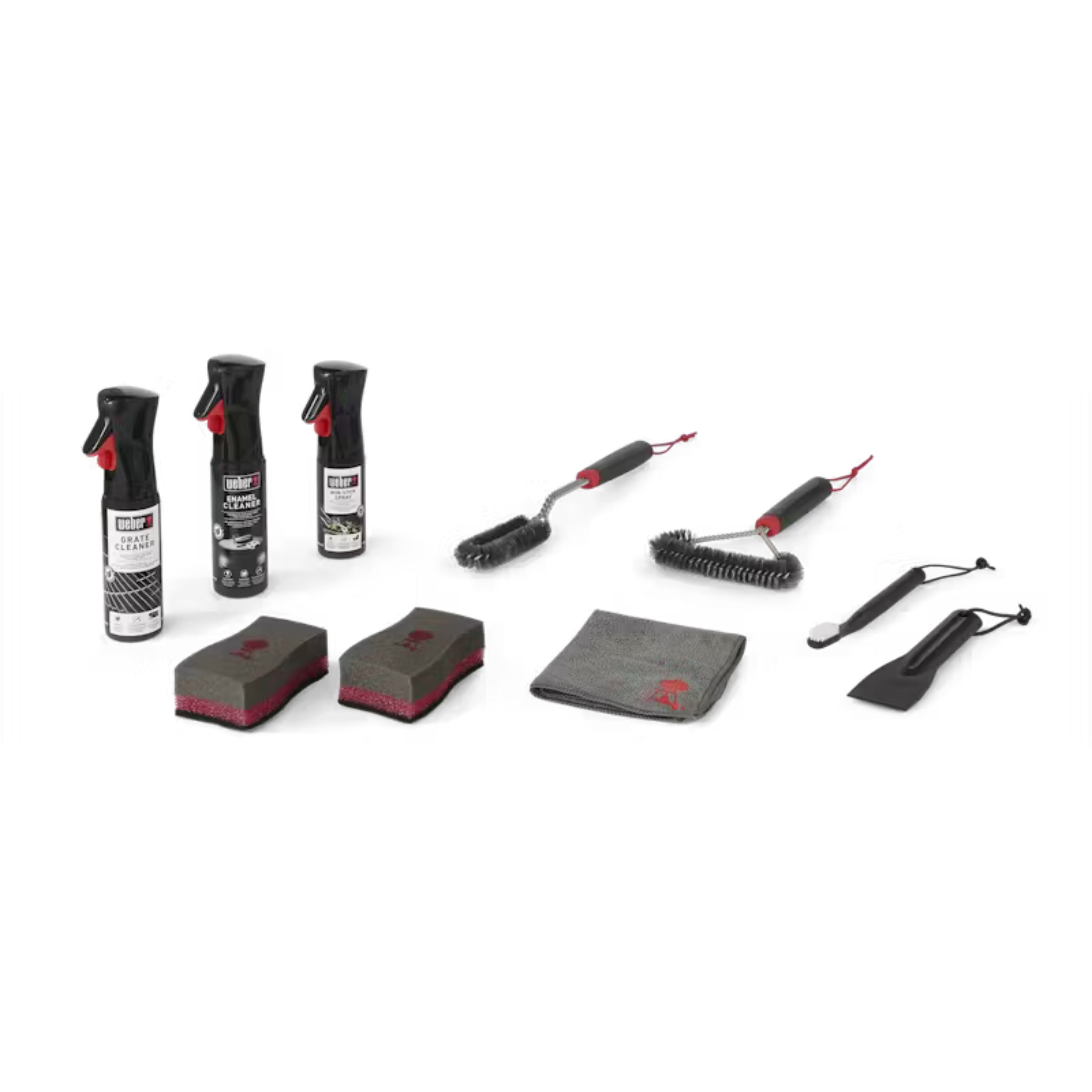Collection of cleaning tools including spray bottles, brushes, and sponges for Weber Cleaning Kit For Enamel Gas Grills