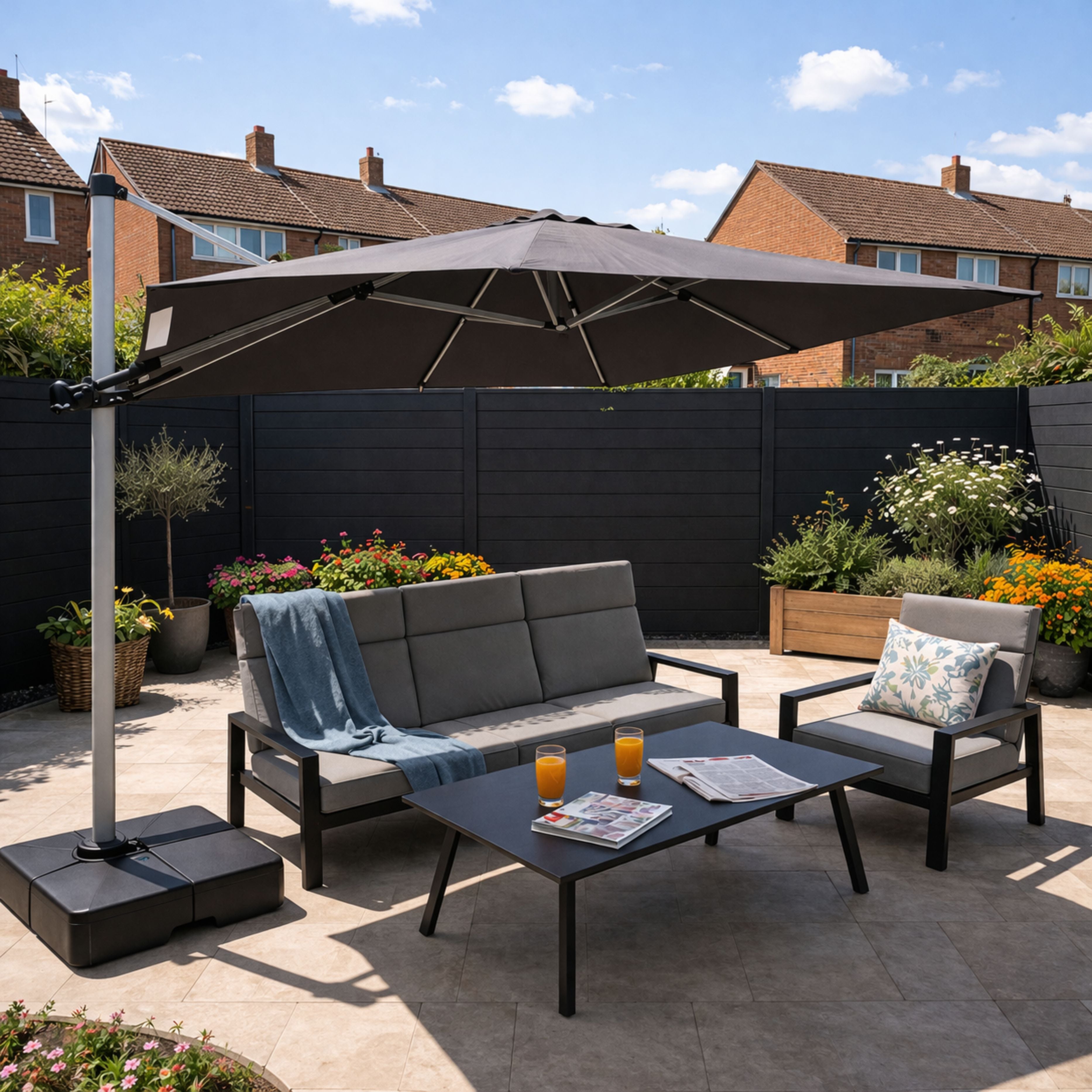 ENJOi Atlas 3m x 3m Grey Square Cantilever Parasol With Base