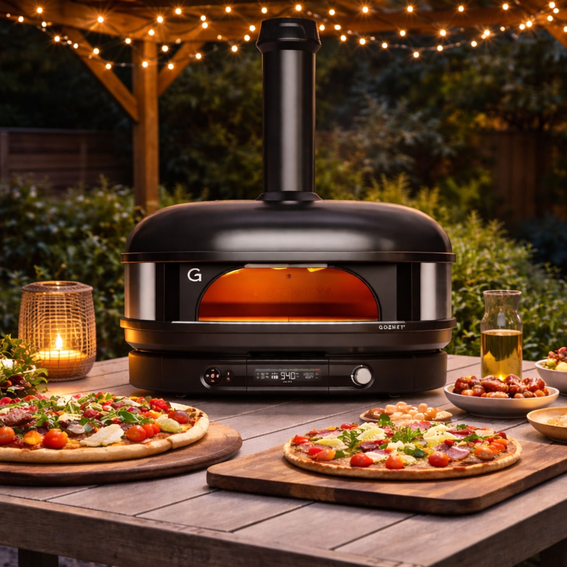 Pizza oven on table with pizza and nibbles