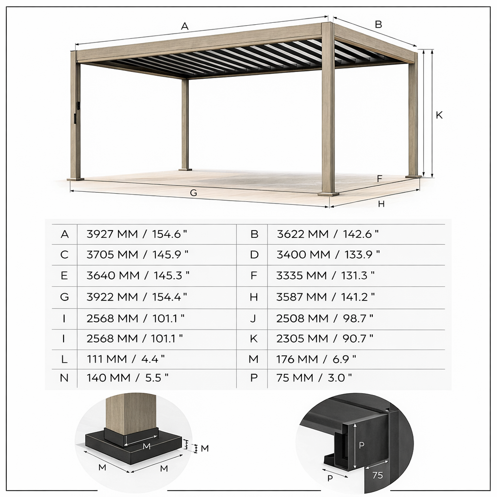 ENJOi Leo Aluminium Rectangular Pergola Wood Effect - 4m x 3.6m