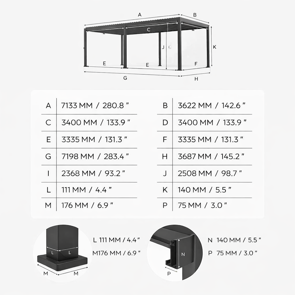 ENJOi Leo Aluminium Rectangular Pergola Wood Effect - 7.2m x 3.6m