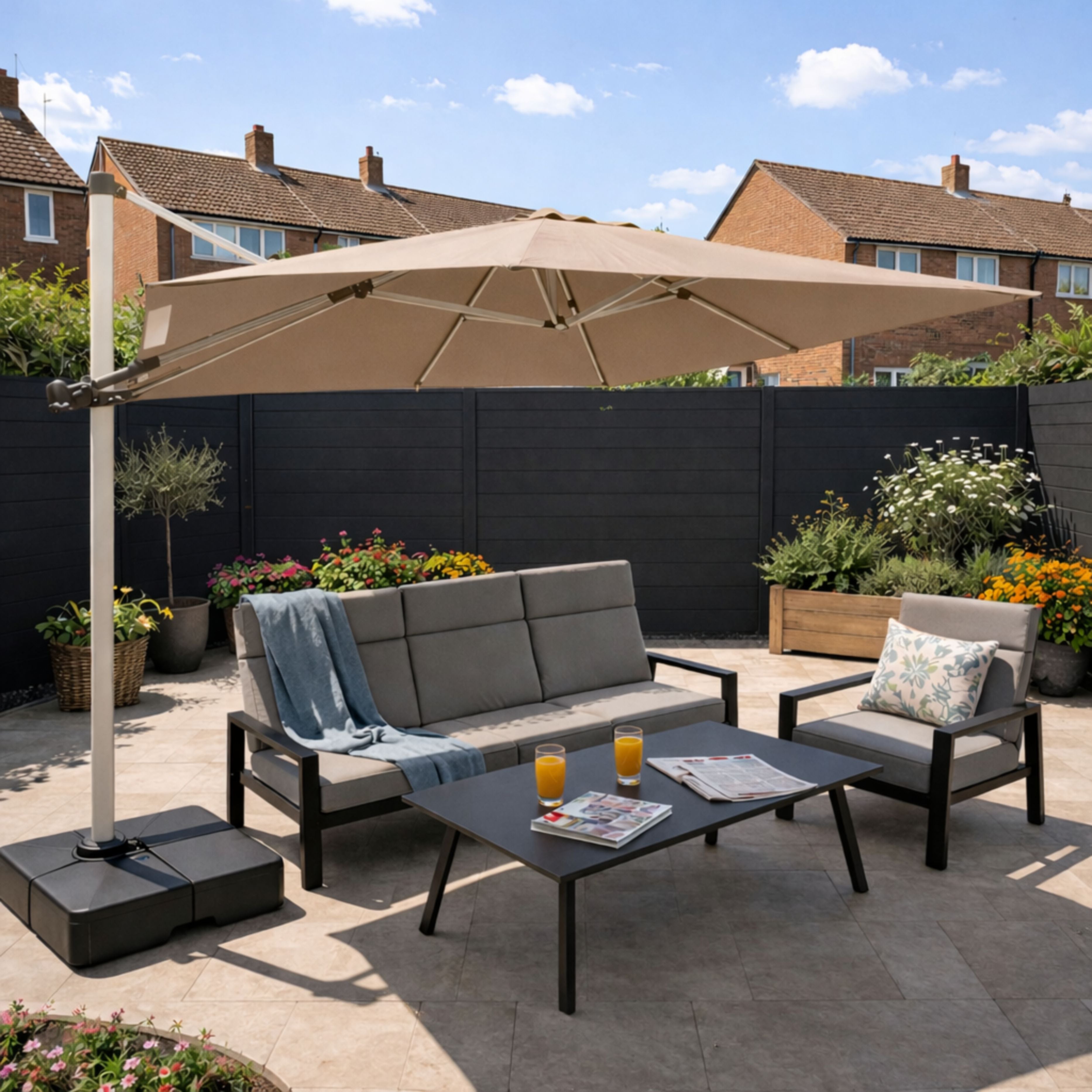 ENJOi Atlas 3m x 3m Square Taupe Cantilever Parasol with Base