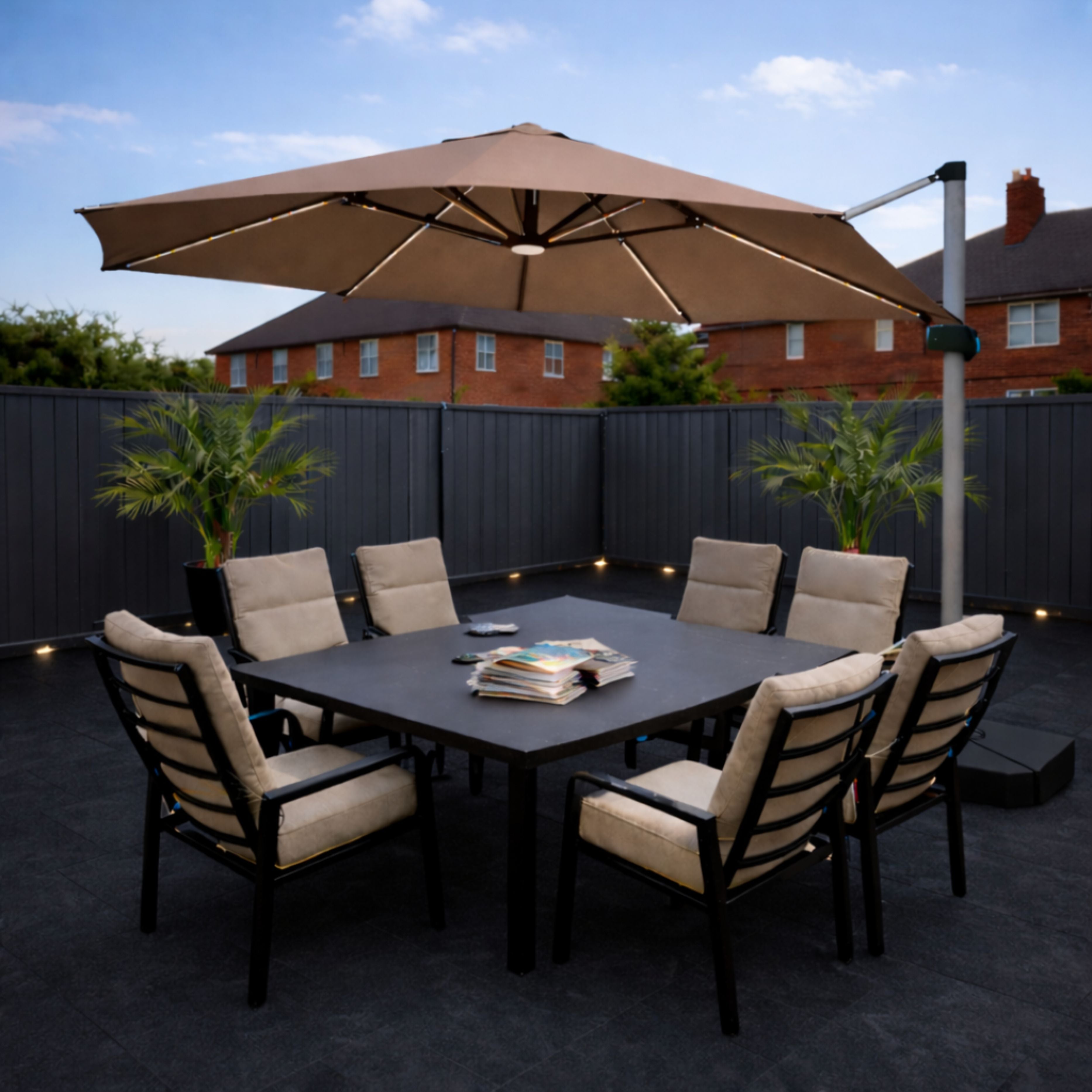 ENJOi Apex 3.5m LED Round Taupe Cantilever Parasol with Base