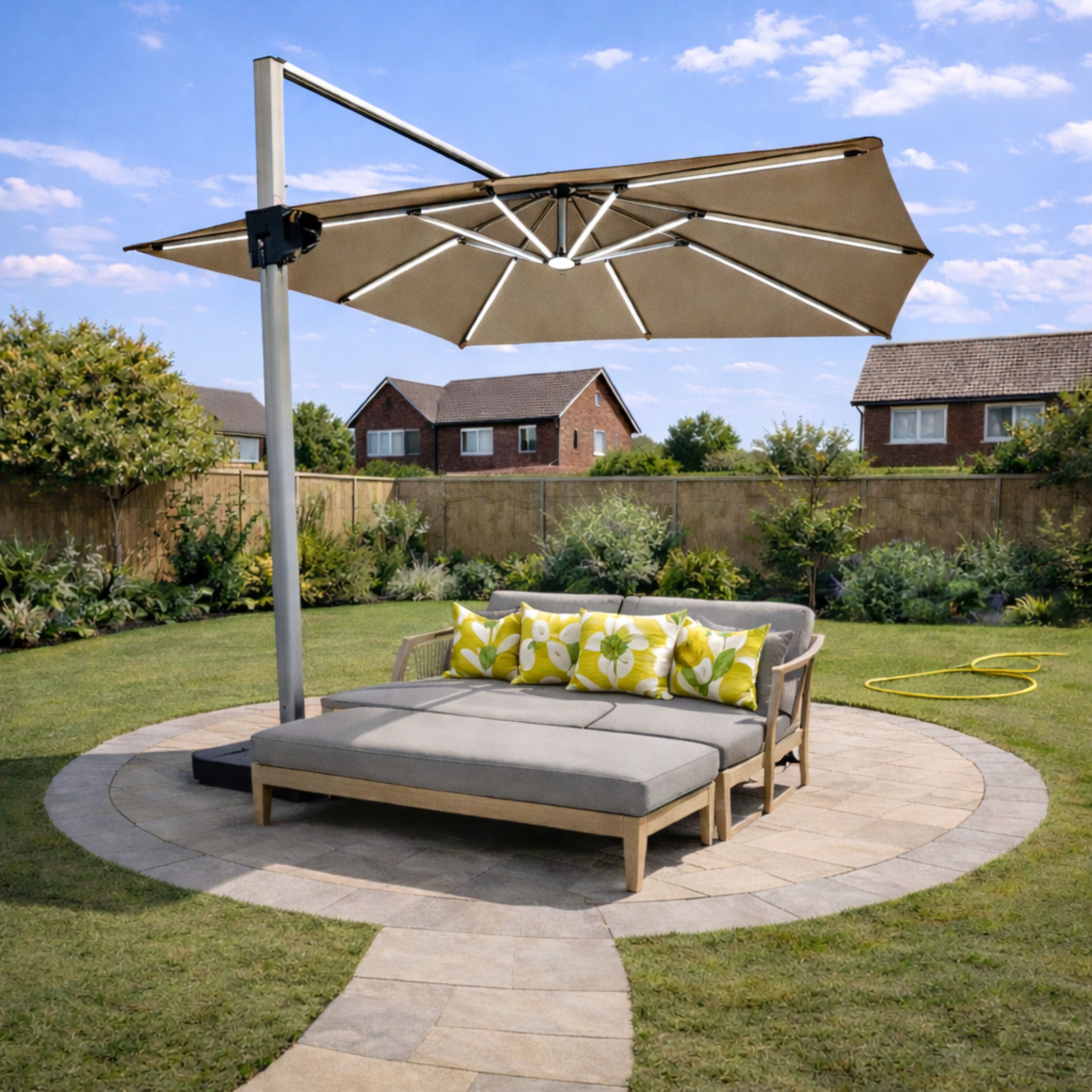 ENJOi Apex 3m x 3m LED Square Taupe Cantilever Parasol with Base