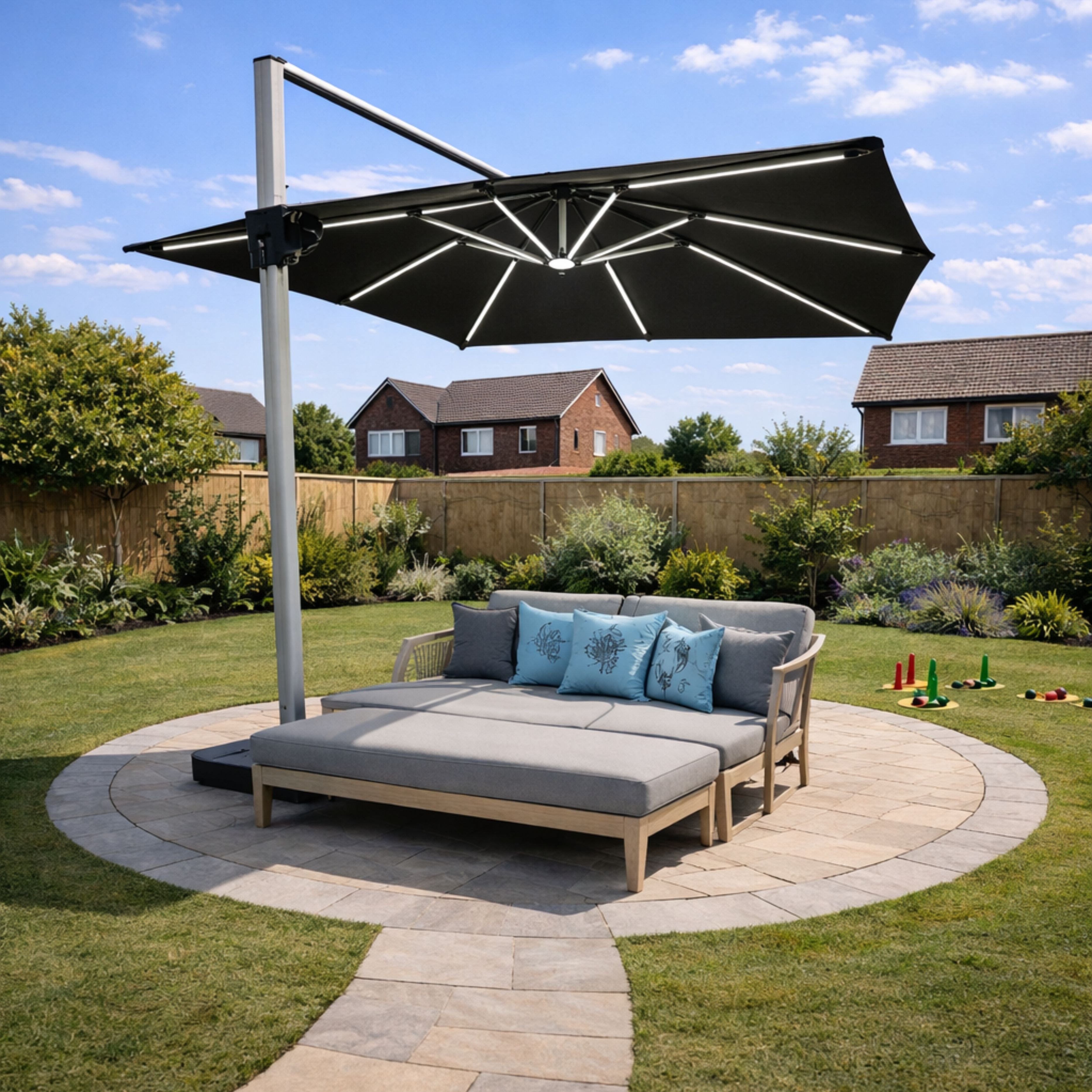 ENJOi Apex 3m x 3m LED Square Grey Cantilever Parasol with Base