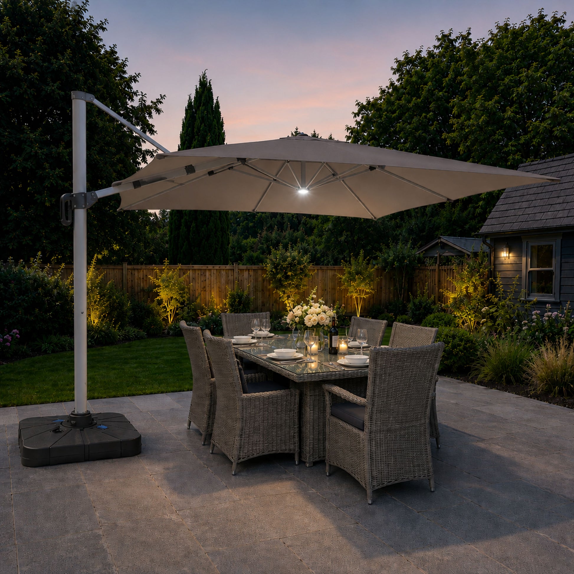 ENJOi Apex LED Rectangular Cantilever Parasol (with base) Taupe - 4m x 3m