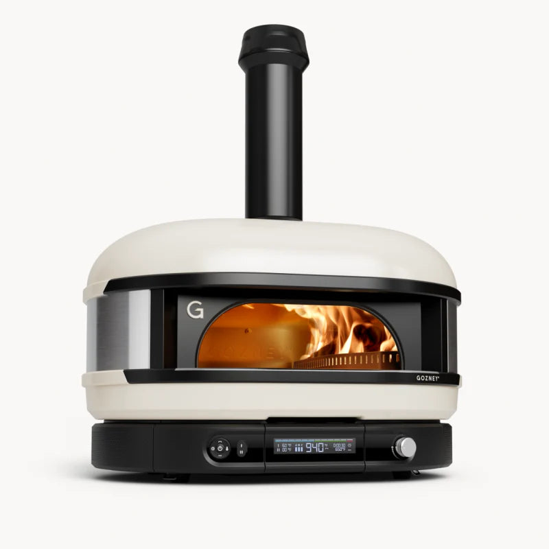 White pizza oven with visible fire inside on a white background