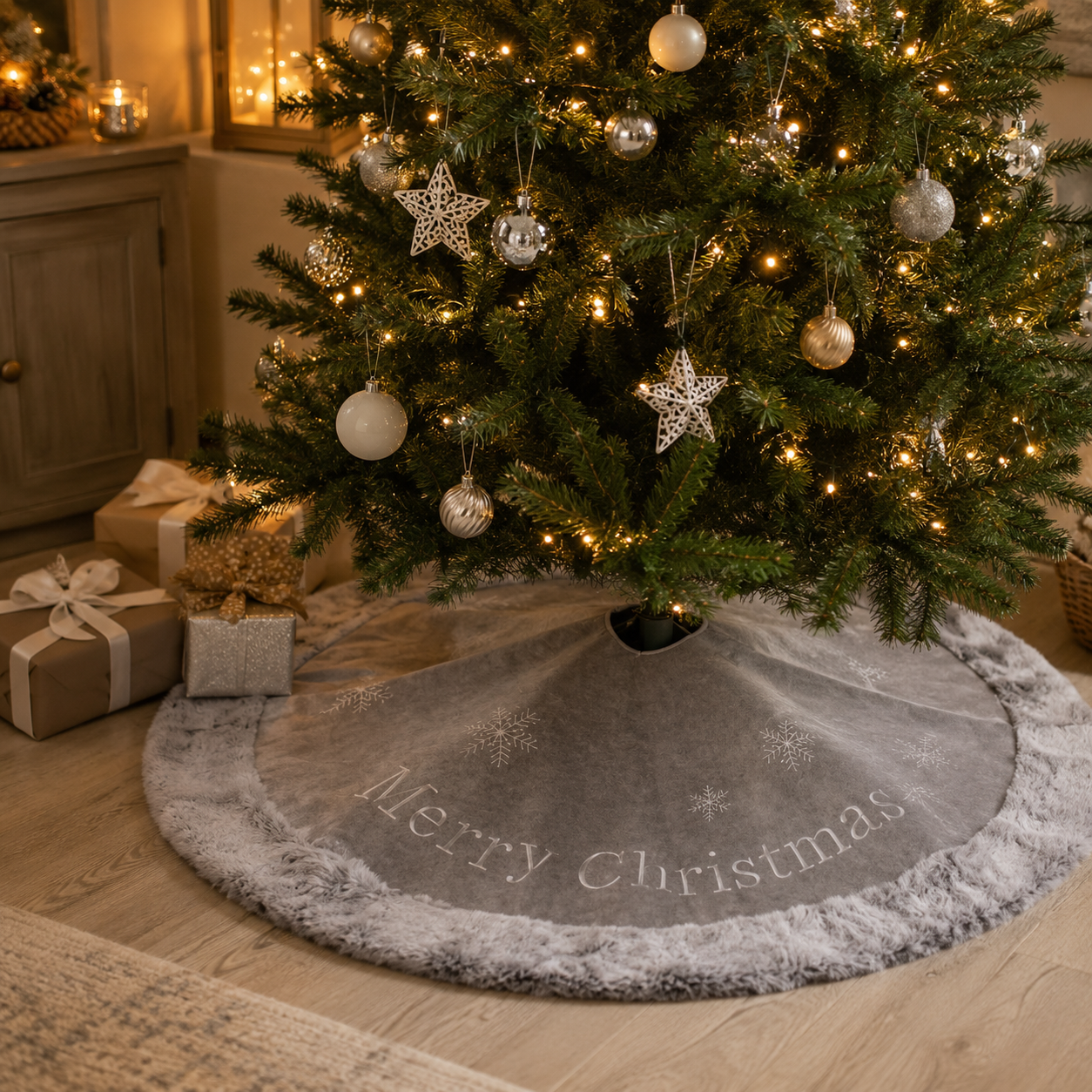 Grey Faux Fur Christmas Tree Skirt 100cm