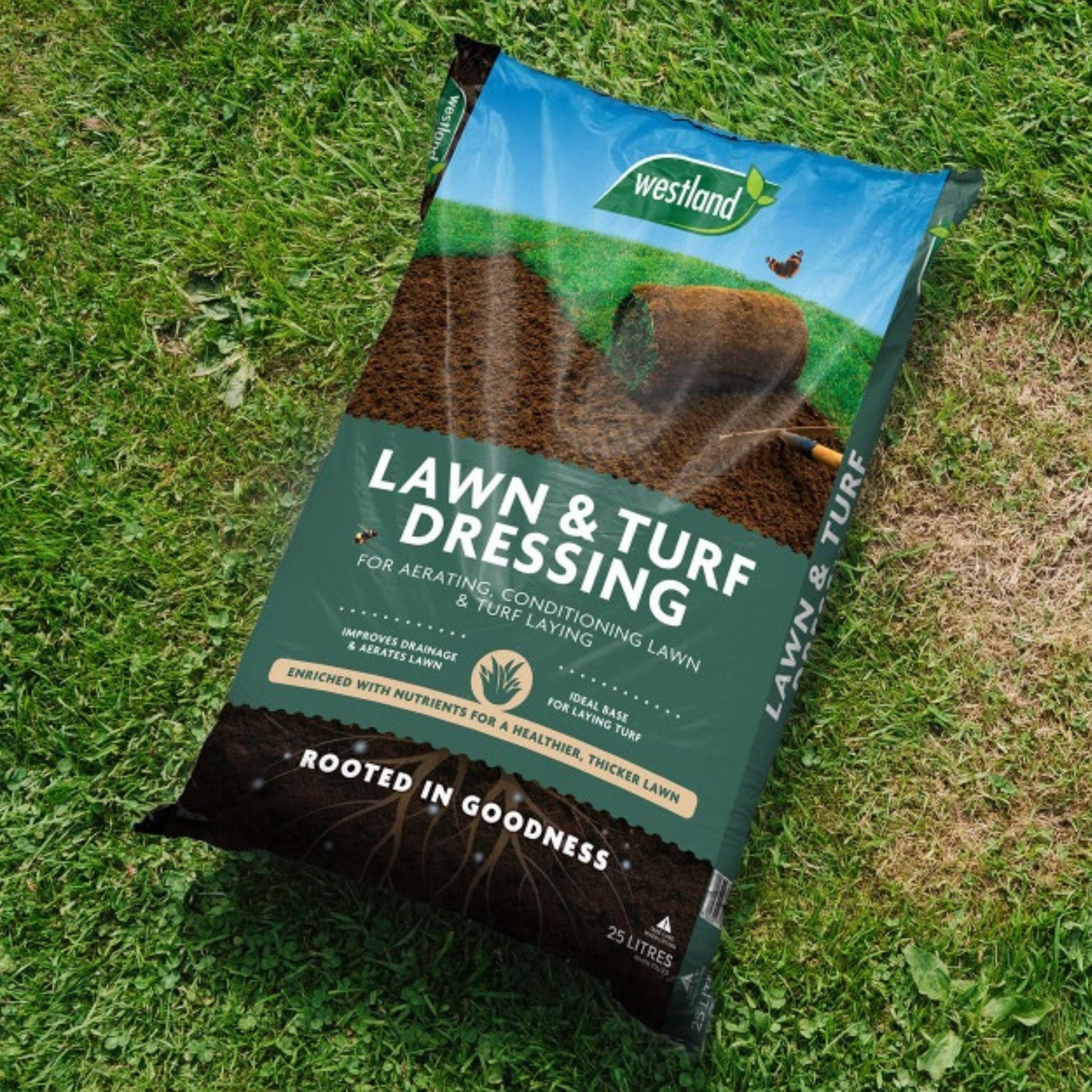 Bag of Westland Lawn & Turf Dressing on grass