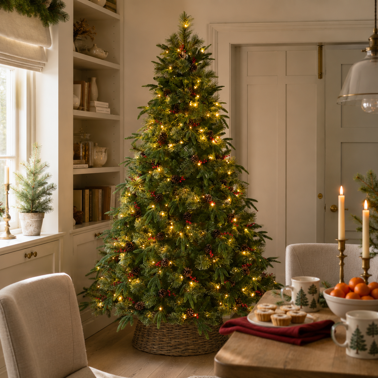 8ft Pre-Lit Christmas Tree with Berries & Pinecones