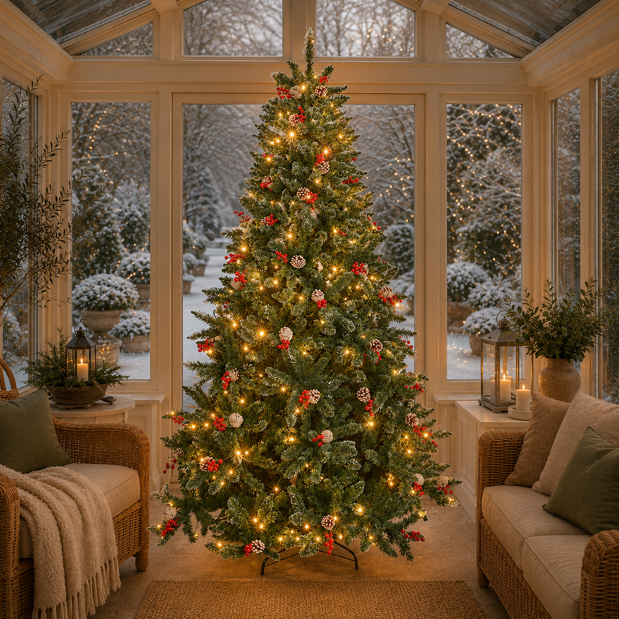7ft Pre-Lit Frosted Pine BerryCone Artificial Christmas Tree