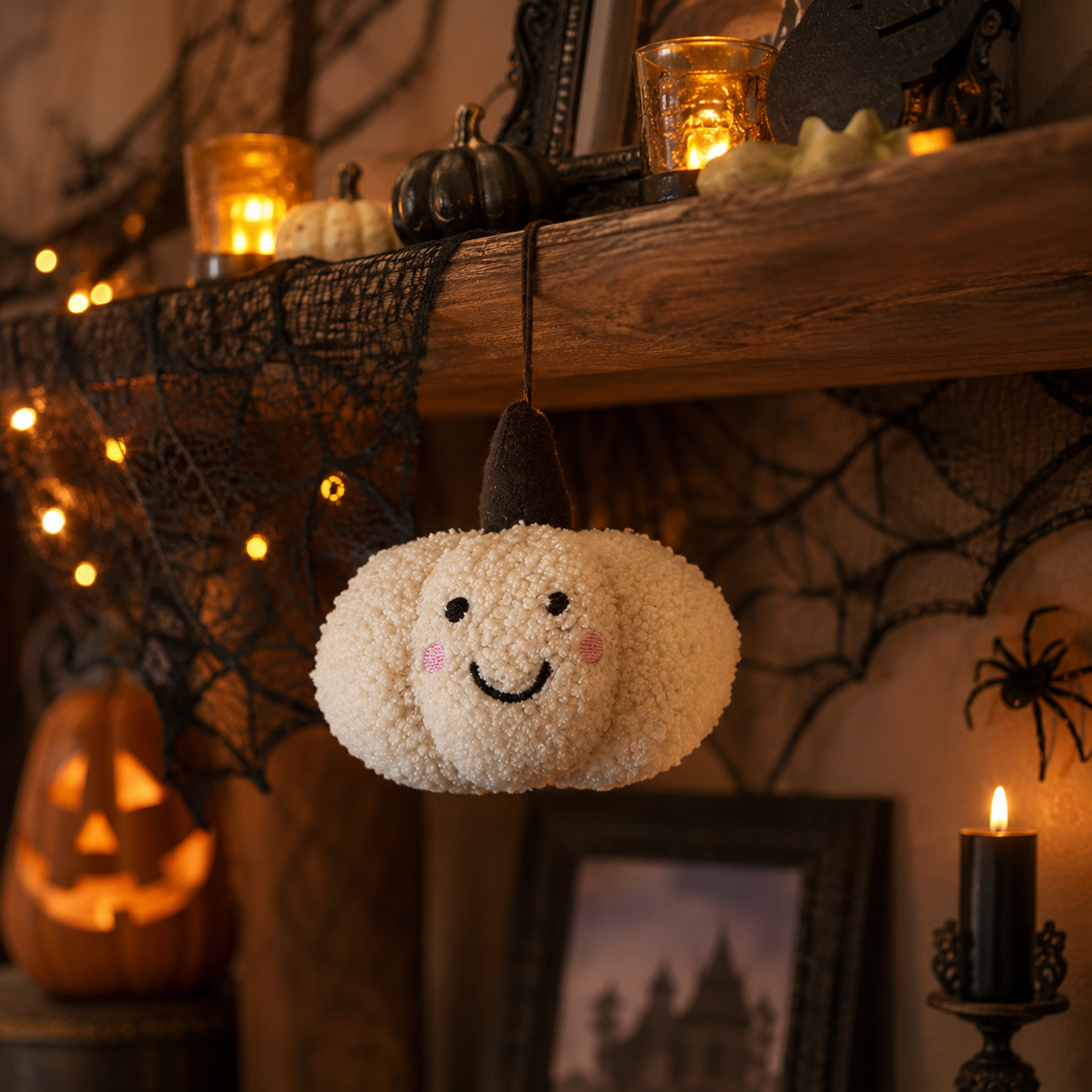 Smiley Pumpkin Cream Hanging Halloween Decoration