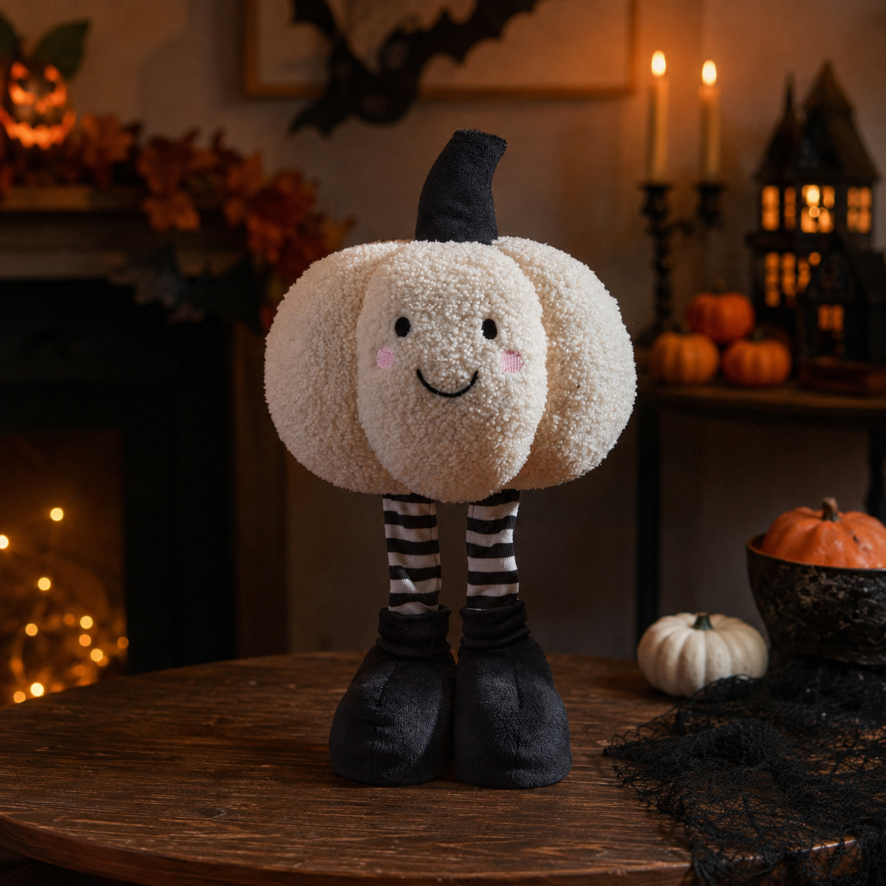 Smiley Pumpkin Cream Standing Halloween Decoration