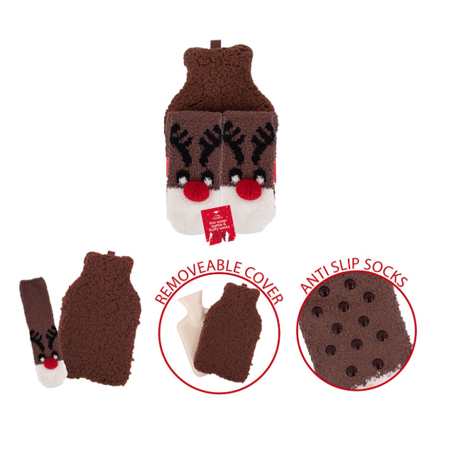 Hot Water Bottle w Socks Reindeer